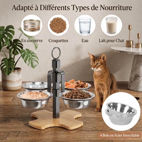 Support gamelle chat quatre bols adapté aux croquettes pâtée eau et repas variés