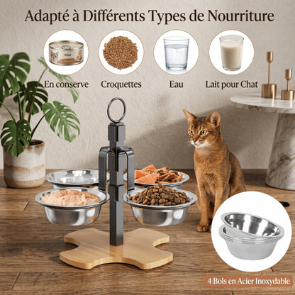 Support gamelle chat quatre bols adapté aux croquettes pâtée eau et repas variés