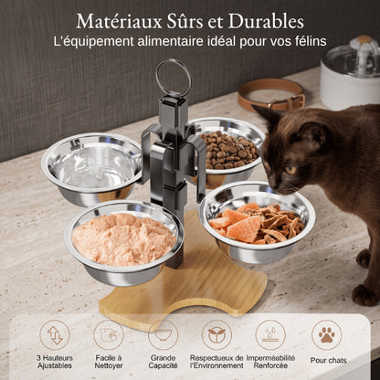 Support gamelle chat avec quatre bols inox pour eau croquettes et nourriture humide