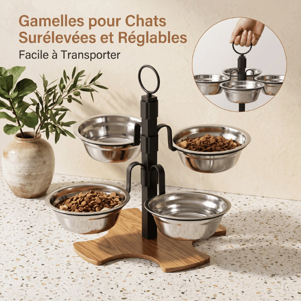 Support gamelle chat réglable avec quatre bols amovibles et poignée de transport pratique