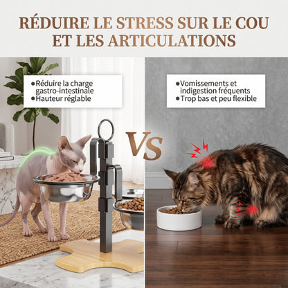 Support gamelle chat surélevé réglable comparant différentes postures pendant la prise alimentaire