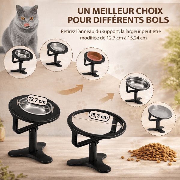 Support gamelle surélevée chat adaptable pour tout types de bols dimensions AjustBowl™