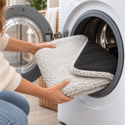 Tapis chauffant chat lavable en machine avec dessous antidérapant noir et sherpa
