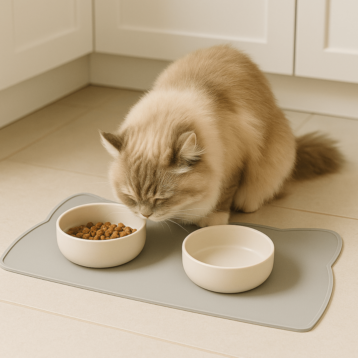 Tapis gamelle chat gris tête de chat avec félin blanc qui mange dans gamelle