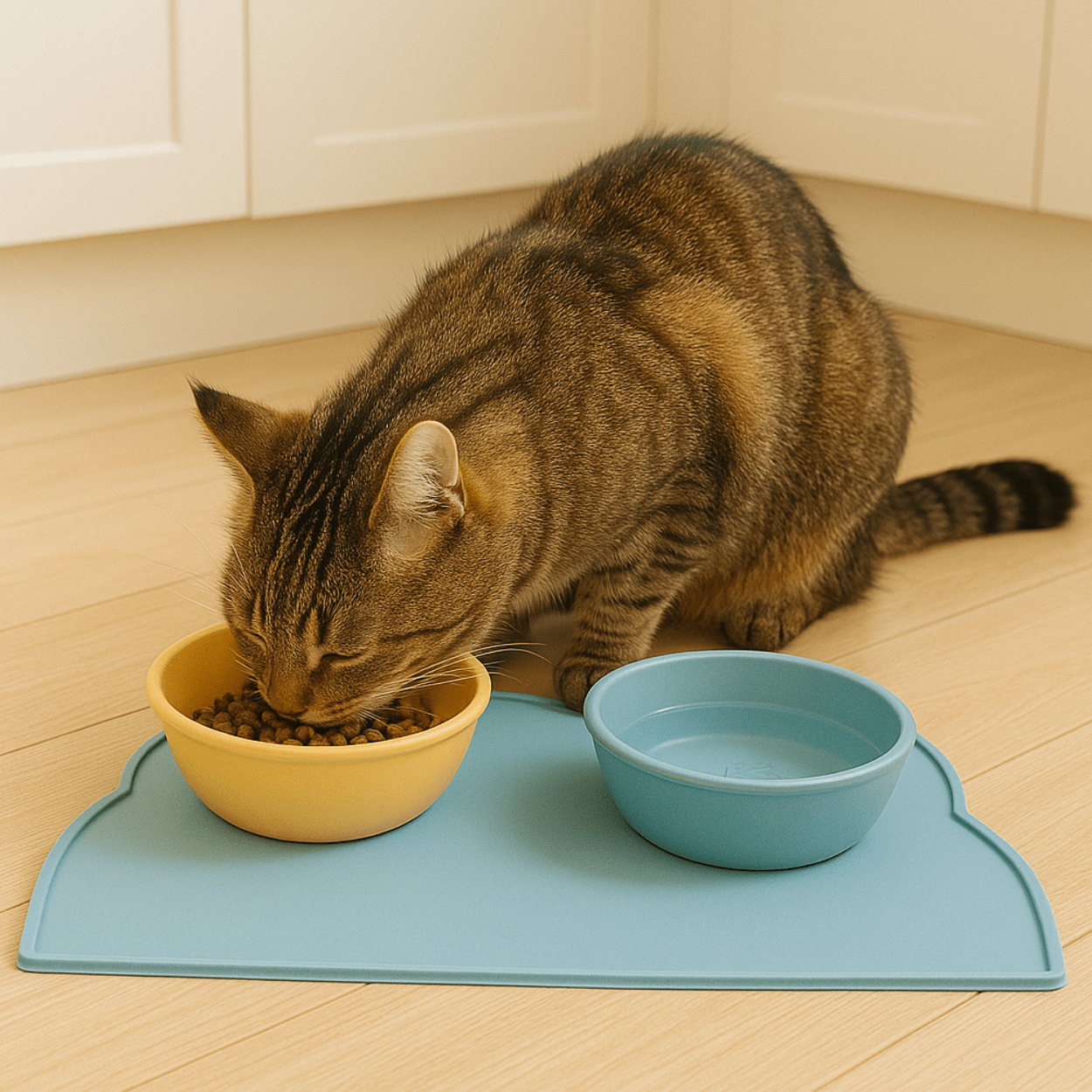 Tapis gamelle chat bleu silicone avec félin qui mange croquettes KittyPlacemat™