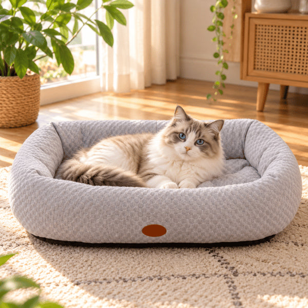 Tapis rafraîchissant pour chat gris accueillant un grand chat en intérieur