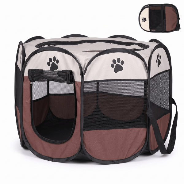 Tente chat pliable portable marron avec porte enroulable facilitant les entrées et sorties libres