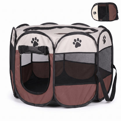 Tente chat pliable portable marron avec porte enroulable facilitant les entrées et sorties libres