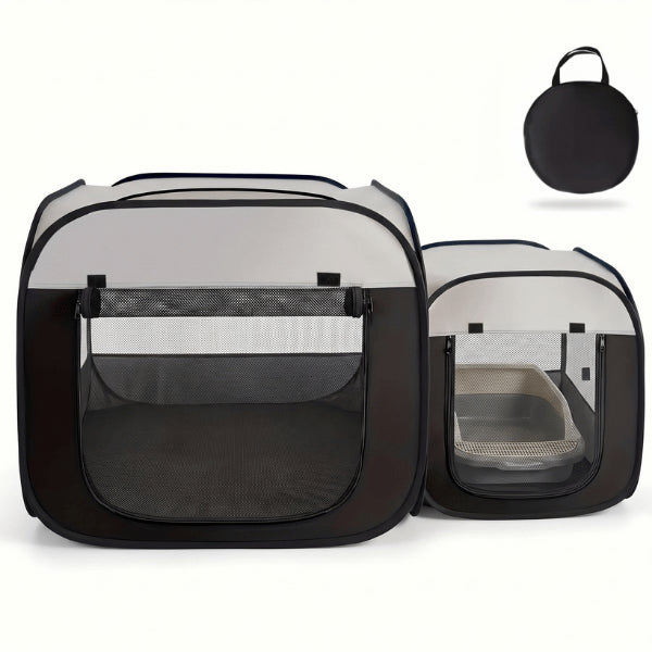 Tente pour chat double espace noire avec compartiment litière séparé et sac de transport