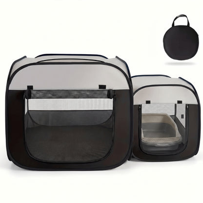 Tente pour chat double espace noire avec compartiment litière séparé et sac de transport