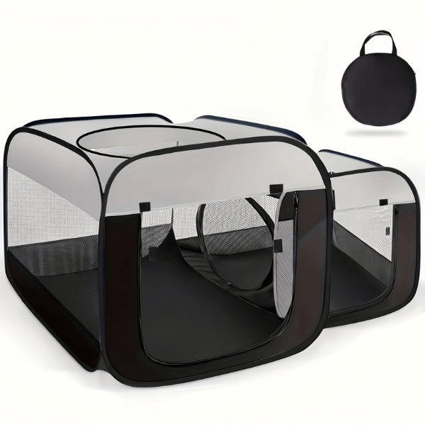 Tente pour chat double espace noire avec enclos pliable de transport ventilation et fermeture sécurisée