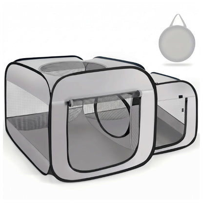 Tente pour chat grise double compartiment avec parc pliable et moustiquaires respirantes