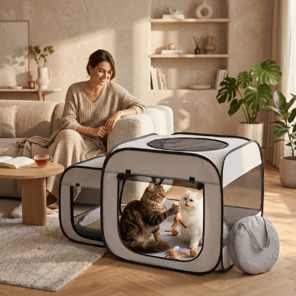 Tente pour chat intérieure spacieuse offrant une zone de jeu à deux félins