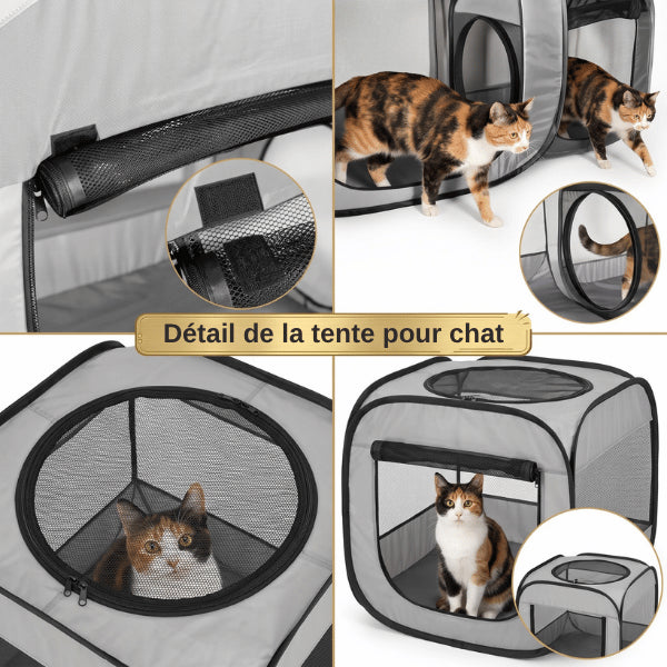 Tente pour chat avec moustiquaires aérées portes zippées et tunnel de passage