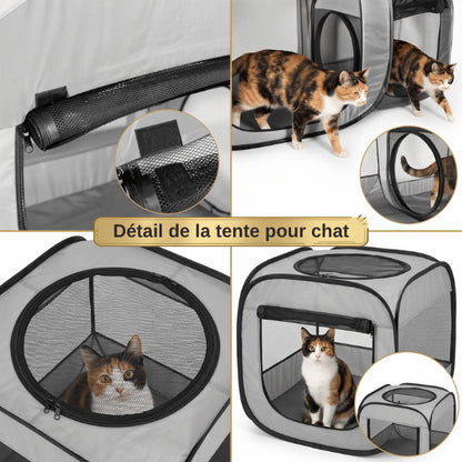 Tente pour chat avec moustiquaires aérées portes zippées et tunnel de passage