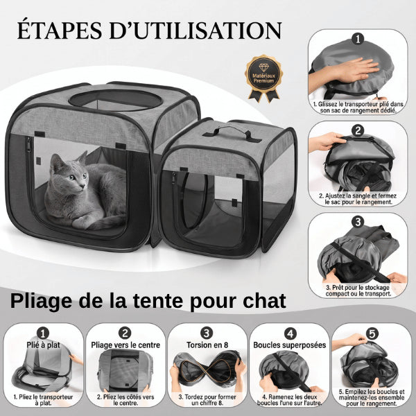 Tente pour chat pliable avec système de rangement compact pour faciliter le transport
