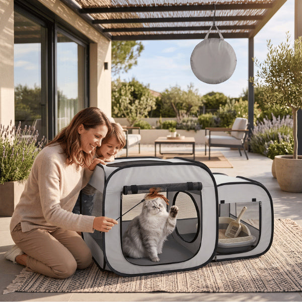 Tente pour chat respirante avec espace litière pour profiter sereinement de la terrasse