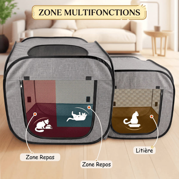 Tente pour chat multifonction avec zones séparées pour repas repos et litière