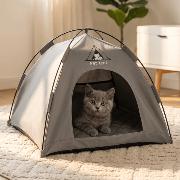 Tente pour chaton grise avec structure flexible et couchage rembourré confortable