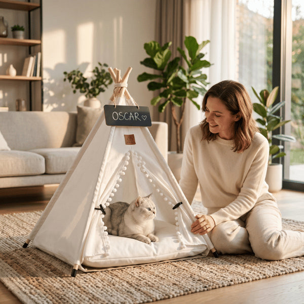 Tipi pour chat blanc avec ardoise personnalisable et couchage moelleux pour intérieur