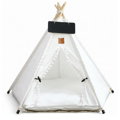 Tipi pour chat blanc avec coussin moelleux et petite ardoise décorative suspendue