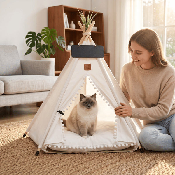 Tipi pour chat blanc créant un refuge confortable et décoratif dans le salon