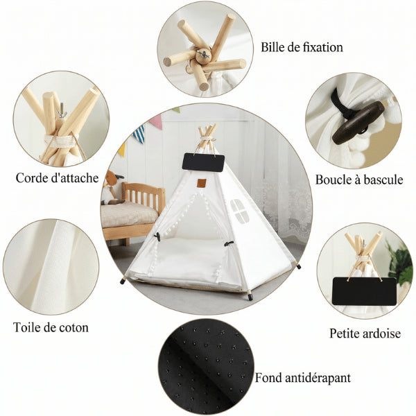 Tipi pour chat avec toile coton poteaux bois fixations stables et fond antidérapant