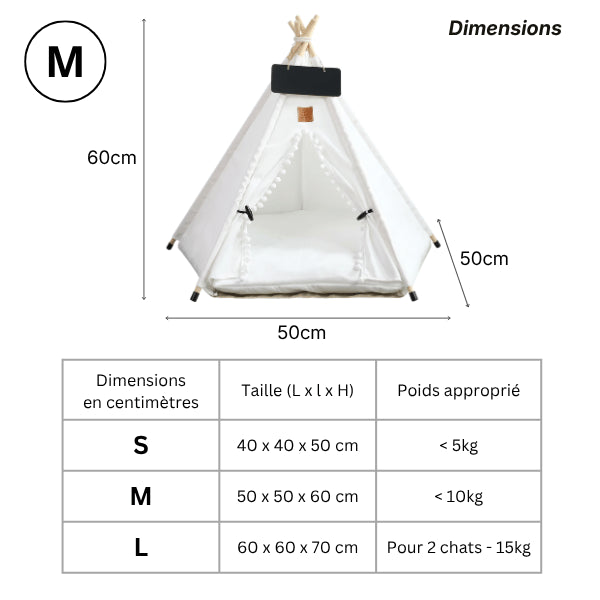 Tipi pour chat disponible en trois tailles selon dimensions et poids du félin