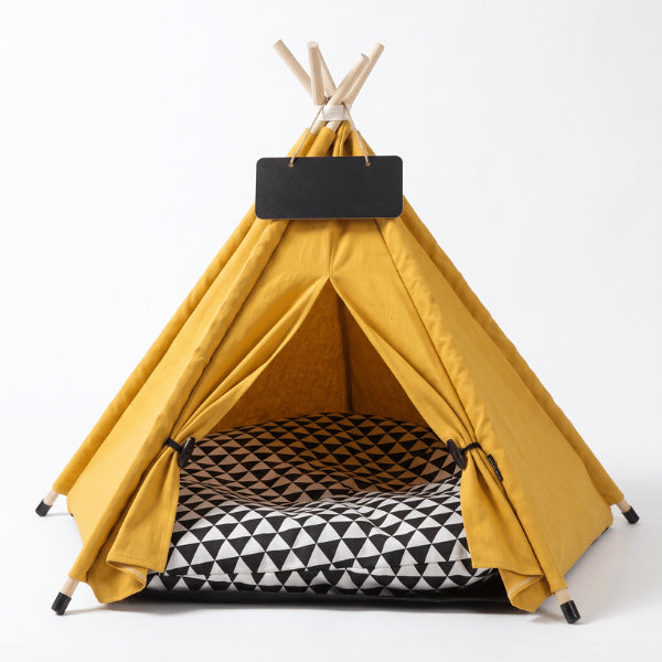 Tipi pour chat jaune avec coussin géométrique épais pour créer un couchage douillet