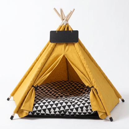 Tipi pour chat jaune avec coussin géométrique épais pour créer un couchage douillet