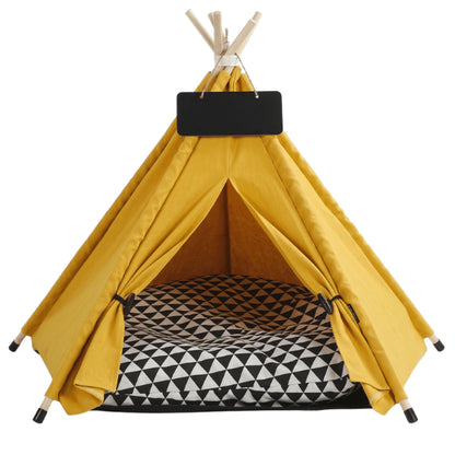 Tipi pour chat jaune avec large ouverture et couchage rembourré à motifs géométriques