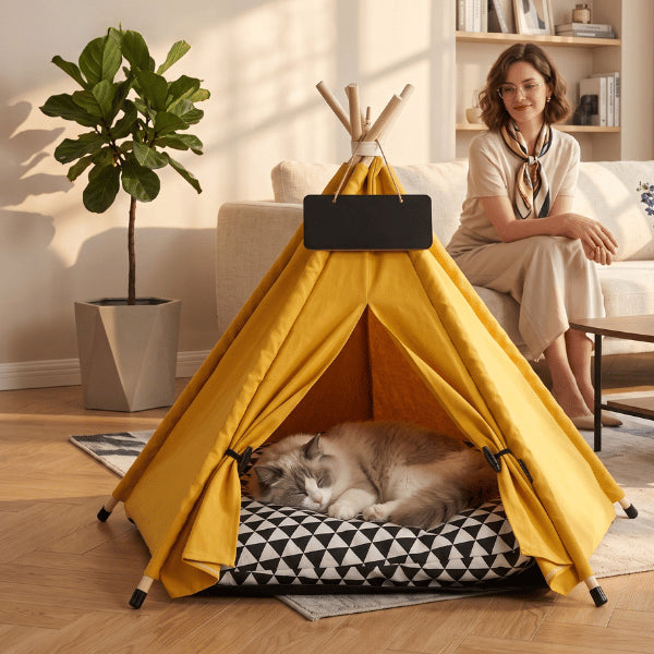 Tipi pour chat jaune avec coussin épais offrant un refuge douillet pour dormir
