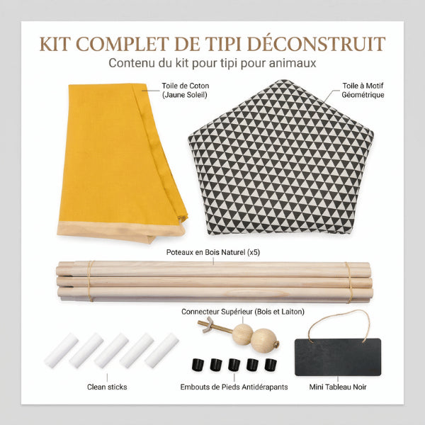 Tipi pour chat en kit avec poteaux en bois toile accessoires et ardoise personnalisable