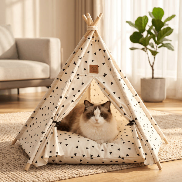 Tipi pour chat à motifs triangles avec coussin douillet et structure en bois