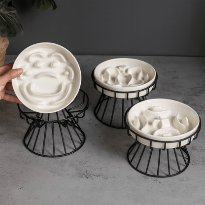 Trois modèles gamelle anti glouton chat smiley fleur labyrinthe surélevée ceramique support noir fer
